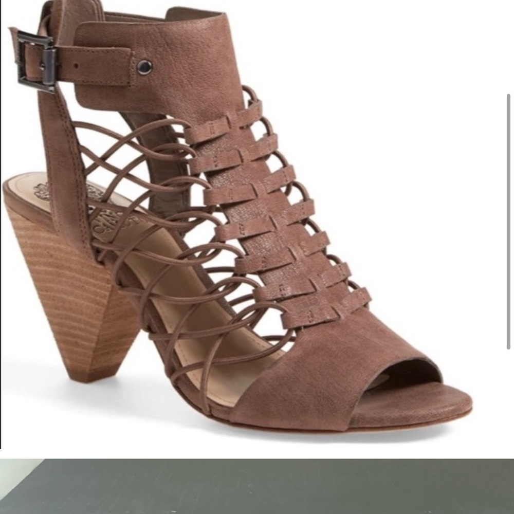 Taupe Vince Camuto, leather caged cone heels